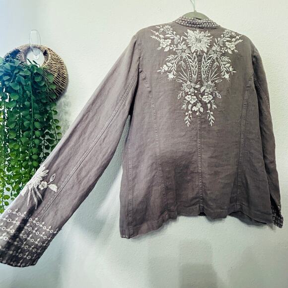 Johnny Was Workshop Oleander Linen Jacket Grey Safari Embroidered Women Medium - Picture 16 of 16